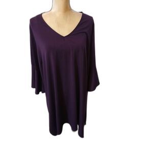 Avenue Plum V-Neck Dress 3X, 3/4 Bell Sleeves Handkerchief Hem 2-3X